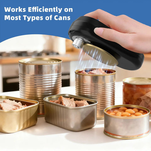 One Touch Automatic Electric Can Opener for Seniors and Arthritis Sufferers in use with various cans in kitchen setting