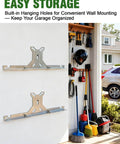 Garage interior with mounted wheel toe alignment tool kit for home DIY use, stainless steel toe plates, and dual tape measures.