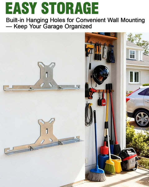 Garage interior with mounted wheel toe alignment tool kit for home DIY use, stainless steel toe plates, and dual tape measures.