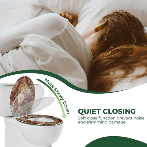 Elongated Resin Toilet Seat for Bathroom showing soft close feature to prevent noise, styled with floral design.