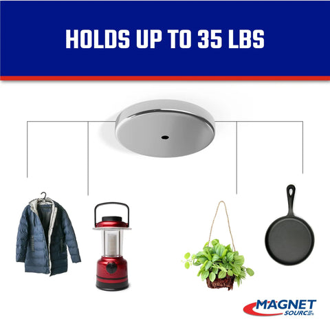 Heavy-Duty Ceramic Round Base Magnet displaying its 35 lb pull strength by holding various items indoors and outdoors.