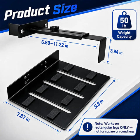 Slick Under Desk PC Mount Features A No Drill Hassle Setup For Standing Desks And Adjustable Workstations while showing product size and specifications.