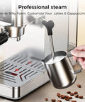 Hand using steam wand on Rock Solid 20 Bar Espresso Maker Stainless Steel Chassis for creating cappuccino foam.