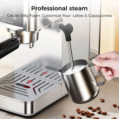 Hand using steam wand on Rock Solid 20 Bar Espresso Maker Stainless Steel Chassis for creating cappuccino foam.