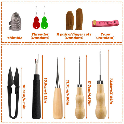 Heavy Duty Upholstery Repair Kit With 54 Pieces Including Waxed Thread Leather Needles Stitching Awl Thimble Scissors Needle Threaders Tape Measure Storage Case For Car Seats Backpacks Carpets Boots Shoes Canvas And Sofa featuring thimble, threader, finger cots, tape, scissors, and various tools.