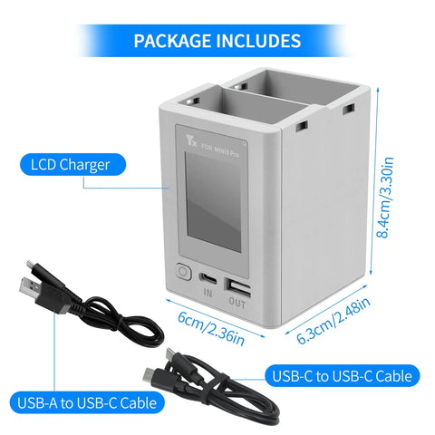 LCD Parallel Charger With Storage And Discharge For DJI Mini 4 Pro And Mini 3 Pro Batteries with cables included