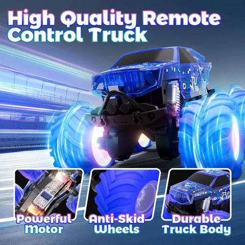 Blue remote control truck with LED wheels labeled powerful motor, anti-skid wheels, and durable body, parked on a futuristic track.