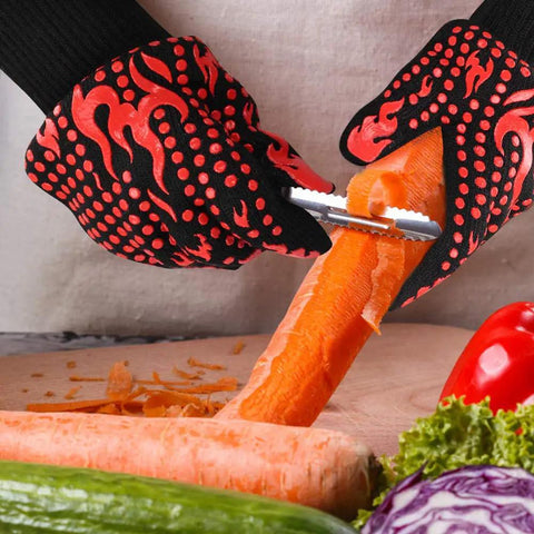 BBQ Gloves Heat Resistant Up To 1472 Fahrenheit Silicone Non Slip Long Kitchen Gloves for safely peeling a carrot