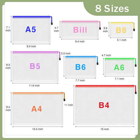 Eight Piece Zipper Pouch Set With Eight Sizes And Eight Colors For Grab And Go Organizing Travel Office Documents Board Games And More Waterproof Plastic Zip Bags Includes B4 A4 B5 A5 Bill Size B6 A6 And B8 Pouches shown with size dimensions.