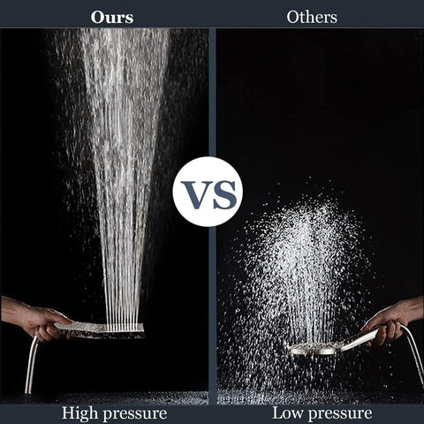 Comparison of high-pressure and low-pressure water flow from Built To Last High Pressure All Metal Rain Shower Head With Handheld Combo.