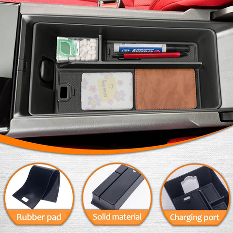 Center Console Tray Organizer For 2025 2026 Toyota Camry XSE XLE SE LE Armrest Storage Box with pens and wallet, features labeled.