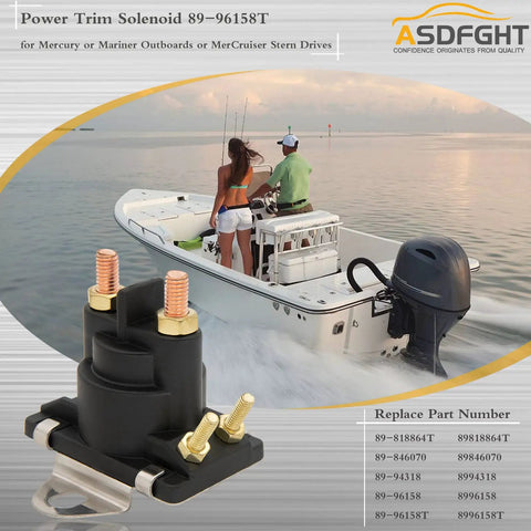 12V Two Pack Power Trim Solenoid Switch 89-96158T Replacement for Outboard Motors visualized next to a boat on water