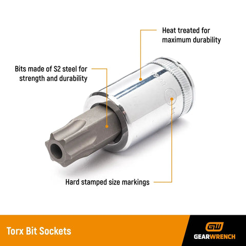 Close-up of 36 Piece Master Torx And Hex Socket Set For 1/4 Inch, 3/8 Inch And 1/2 Inch Drives with heat-treated Torx bit