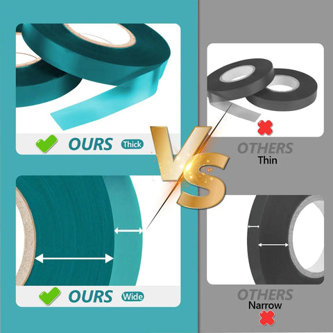 Comparison of two pack 150 ft stretch tie tape roll half inch green vinyl garden tie tape and thinner, narrow competitor