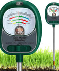 No Fuss 4 In 1 Soil Tester For Plants With Large Dial Readout showing moisture, pH, fertility, and sunlight measurements