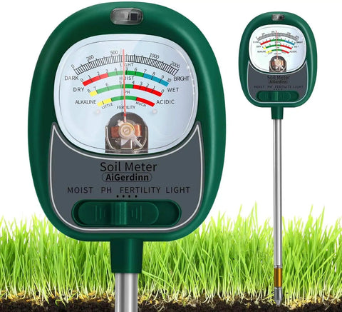 No Fuss 4 In 1 Soil Tester For Plants With Large Dial Readout showing moisture, pH, fertility, and sunlight measurements