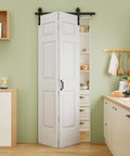 32x84 Inch Bi Fold Barn Door Set With Six Raised Panels, Paintable White Primed Finish Installed in Kitchen Pantry