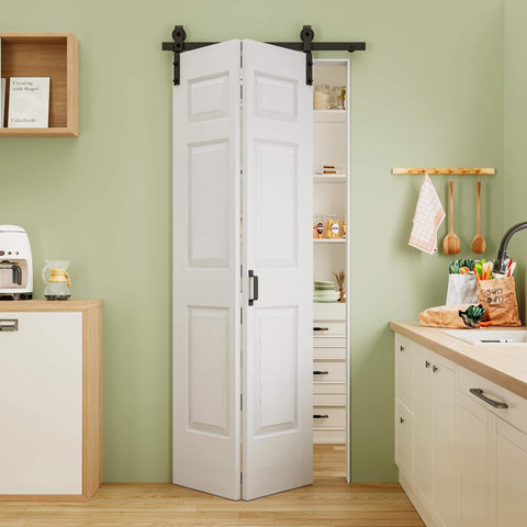 32x84 Inch Bi Fold Barn Door Set With Six Raised Panels, Paintable White Primed Finish Installed in Kitchen Pantry