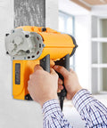 Rugged Workhorse Electric Wall Planer And Handheld Power Scraper Featuring Quick Adjust Depth Dial For No Sweat Cleanup When Shaving Off Old Paint Or Stucco On Indoor Remodel Jobs in use on a textured wall.