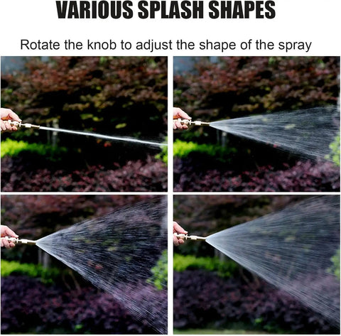 Various splash shapes of Heavy Duty Retractable Garden Hose Reel Stainless Steel Water Hose Cart with adjustable spray nozzle.