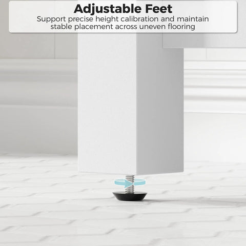Adjustable feet of Top Notch 30 Inch Bathroom Vanity With Integrated Sink And Two Roomy Drawers Plus Handy Open Shelf.