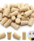 30 Pack All Natural Wood Wine Corks Tapered Plugs For Wine Beer And Liquor Bottles Replacement Corks For Sealing And Cork Craft Projects 0.87 By 0.67 By 1.38 Inch Durable Soft Wood displayed on white background with close-up detail of cork texture and bottles.
