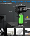 Electric Air Duster With LED Light Three Gear Adjustable 100000 RPM Cordless Blower in charging setup with dimensions shown