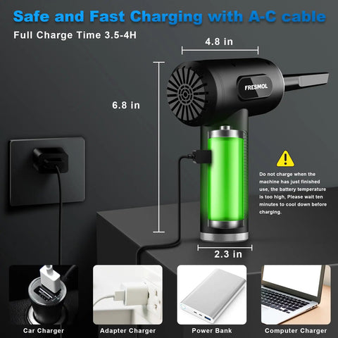 Electric Air Duster With LED Light Three Gear Adjustable 100000 RPM Cordless Blower in charging setup with dimensions shown