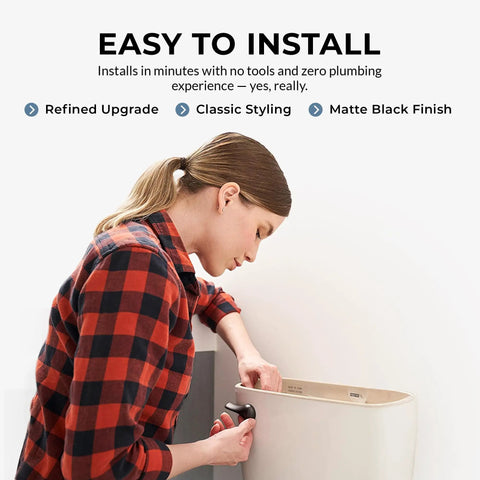 Person installing Matte Black Front Mount Toilet Handle Replacement Kit with Universal Flush Lever for standard toilet tanks.