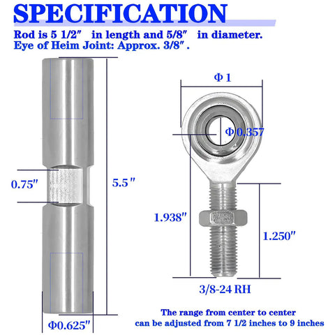 Five And A Half Inch Adjustable Tensioning Rod Heim Joint For Alternator Beefy Heavy Duty Stainless Steel Build Drop In Ready Compatible With Small Block Chevy And Big Block Chevy 350 454 Engines Pro Grade Replacement, 5.5in rod specs