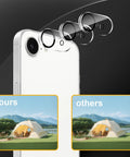 Three Pack Camera Lens Protector For iPhone 16e And iPhone 17e with illustration showing lens clarity compared to competitors.