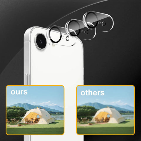 Three Pack Camera Lens Protector For iPhone 16e And iPhone 17e with illustration showing lens clarity compared to competitors.