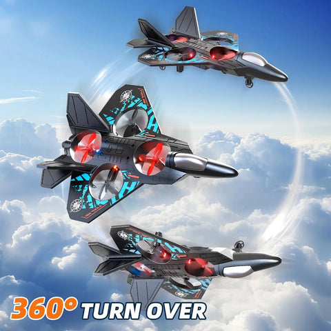 Foam RC Airplane for Kids and Adults performing 360-degree flips in the sky, showcasing colorful lights and durable design
