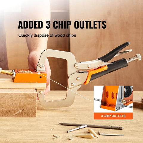 Pocket Hole Jig Kit Set With 34 Pieces For DIY Woodworking Projects 11 Inch C Clamp Fixture in use on a wooden board