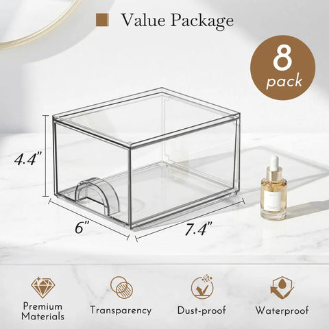 Eight Pack Clear Stackable Storage Drawers Hella Durable Water Resistant Desktop Organizer For Cosmetics And Craft Gear, clear acrylic box dimensions 4.4" x 6" x 7.4".