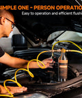 Person using Pro Grade AC Flush Kit For Auto Air Conditioning System Cleaning With Stainless Steel Canister Nylon Hose And Flushing
