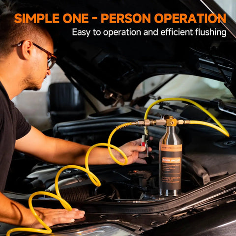 Person using Pro Grade AC Flush Kit For Auto Air Conditioning System Cleaning With Stainless Steel Canister Nylon Hose And Flushing