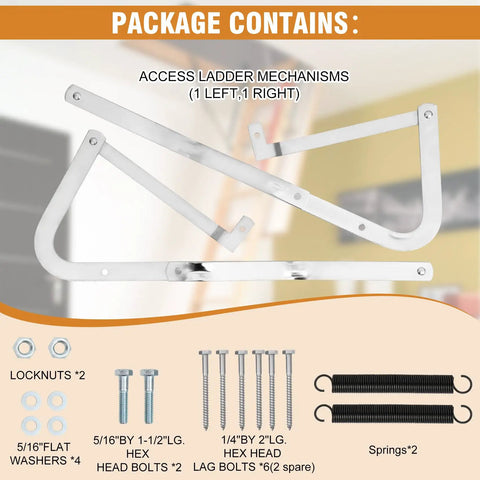 55 2 Attic Ladder Hinge Arms With Springs Heavy Duty Galvanized Replacement Parts kit showing hinges, bolts, nuts, and springs