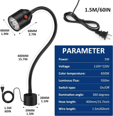 Detailed diagram of Durable Magnetic Led Work Light With Flexible Gooseneck And Magnetic Base 550 Lumen 6500K Task Lamp specifications