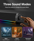 Immersive RGB Gaming Desktop Speakers with 3 sound modes and customizable lighting, USB powered monitor speaker close-up.