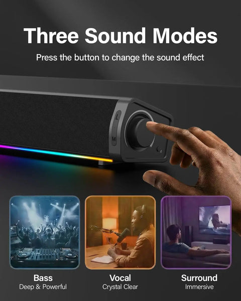 Immersive RGB Gaming Desktop Speakers with 3 sound modes and customizable lighting, USB powered monitor speaker close-up.
