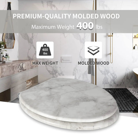 Elongated Marble Toilet Seat With Quiet Close And Quick Release Hinges, No-Nonsense Build To Last Durable Molded Wood, Easy Clean Finish In Gray Marble, Fits Most US Toilets From Crane Universal Rundle Eljer Delta Bemis And More