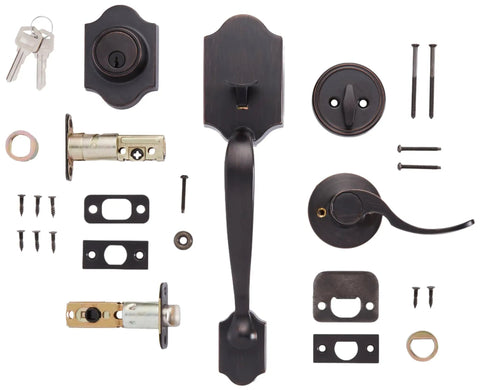 Heavy Duty Front Door Lock Set With Smooth Gliding Shelby Lever And Keyed Cylinder Entry components including handle, cylinder, and screws.