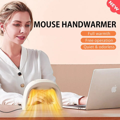 Woman using Cozy Heated Mouse Pad Hand Warmer with Quiet Operation at desk, foldable beige space heater, indoor office use