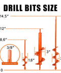Front view: set of 3 orange garden auger drill bits for planting with 3/8-in hex drive; lengths 8.6, 12, 14.5 inches.