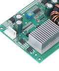 Close-up of DC To DC Boost Converter Adjustable Step Up Module 185 Watt EV Power Supply 24V To 43V with aluminum heatsink and capacitors.
