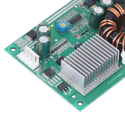 Close-up of DC To DC Boost Converter Adjustable Step Up Module 185 Watt EV Power Supply 24V To 43V with aluminum heatsink and capacitors.