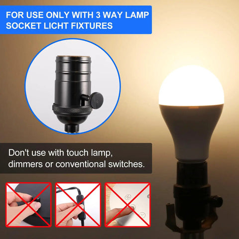 3 Way A21 LED Light Bulbs 50/100/150W Equivalents, 800/1600/2200 Lumens, shown lit in socket, with usage instructions