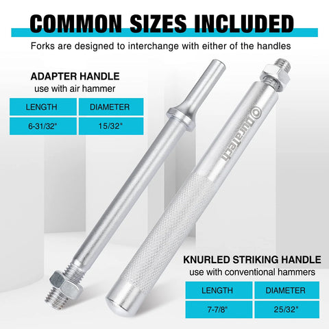 Front view of Duratech 5-piece ball joint separator set with case; two silver adapters with knurled handles.