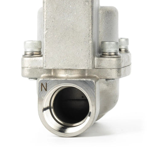 Close-up of Beefed-Up High Pressure 24V DC Solenoid Valve In Stainless Steel For Industrial Use, 100 Bar Capacity, connector view